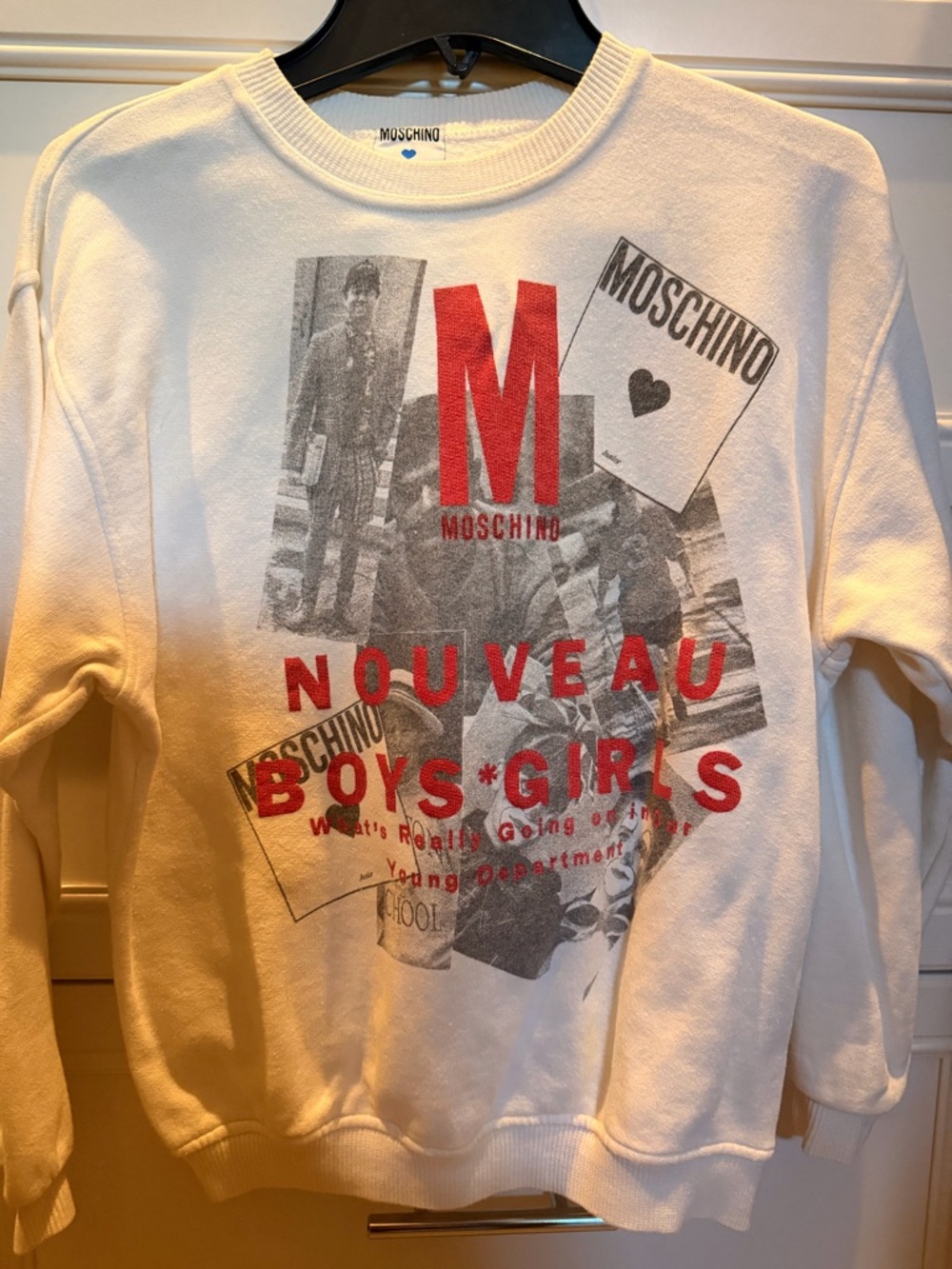 Moschino White Crewneck with Blue Heart Logo